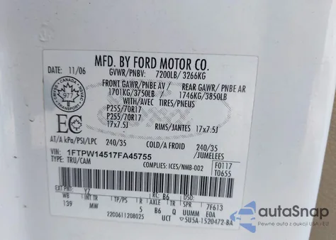 2007 Ford F-150 Fx4/Lariat/Xlt z USA, uszkodzony, nr VIN 1FTPW14517FA45755